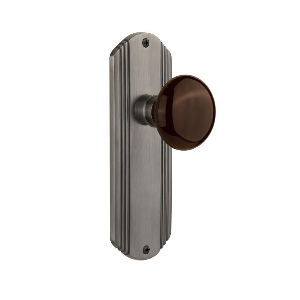 Nostalgic Warehouse DECBRN Complete Passage Set Without Keyhole Deco Plate with Brown Porcelain Knob in Antique Pewter